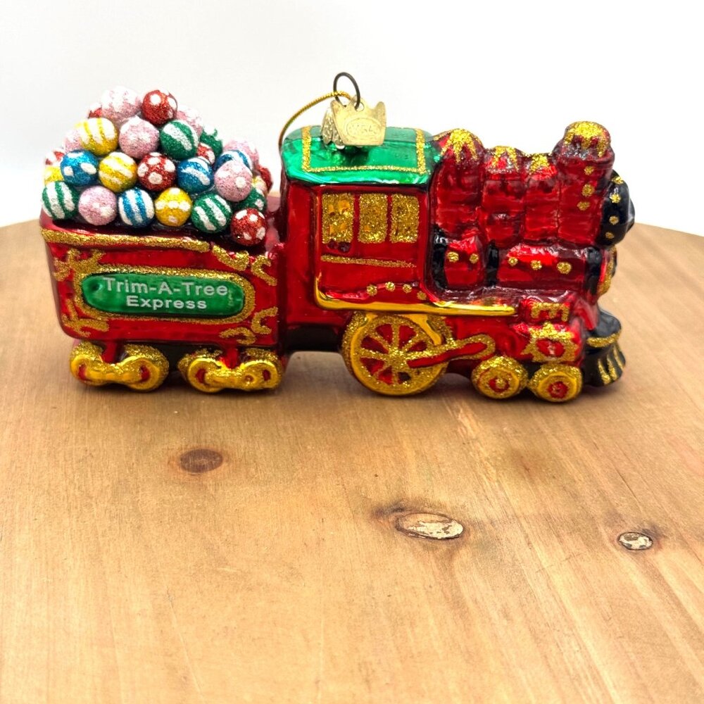Kurt Adler KSA Trim-A-Tree Express Glass Train Ornament With Glittery Baubles Ch